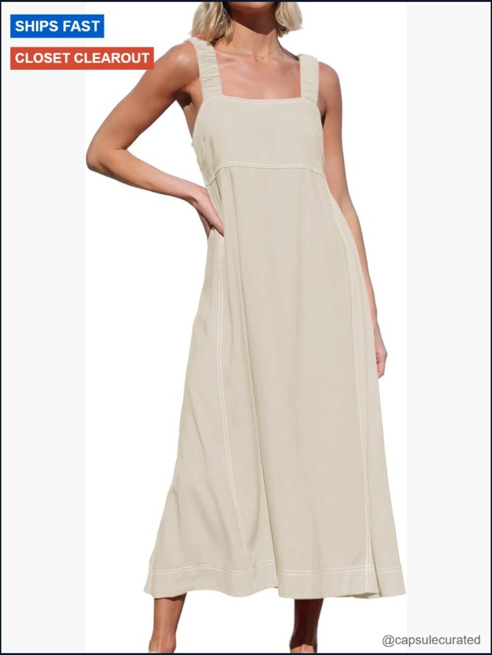 Square Neck Midi Dress with Elastic Spaghetti Strap Sleeveless A-Line